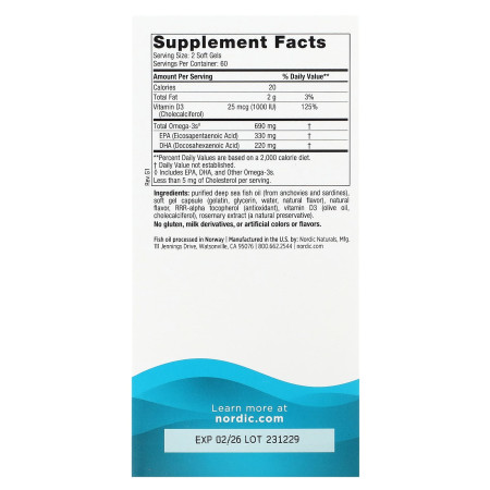 Рыбий жир омега-D3, Omega-3D, Nordic Naturals, лимон, 120 гелевых капсул