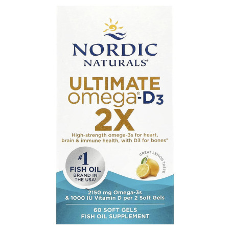 Рыбий жир, Ultimate Omega®-D3 2X, Nordic Naturals, лимон, 2150 мг, 60 гелевых капсул