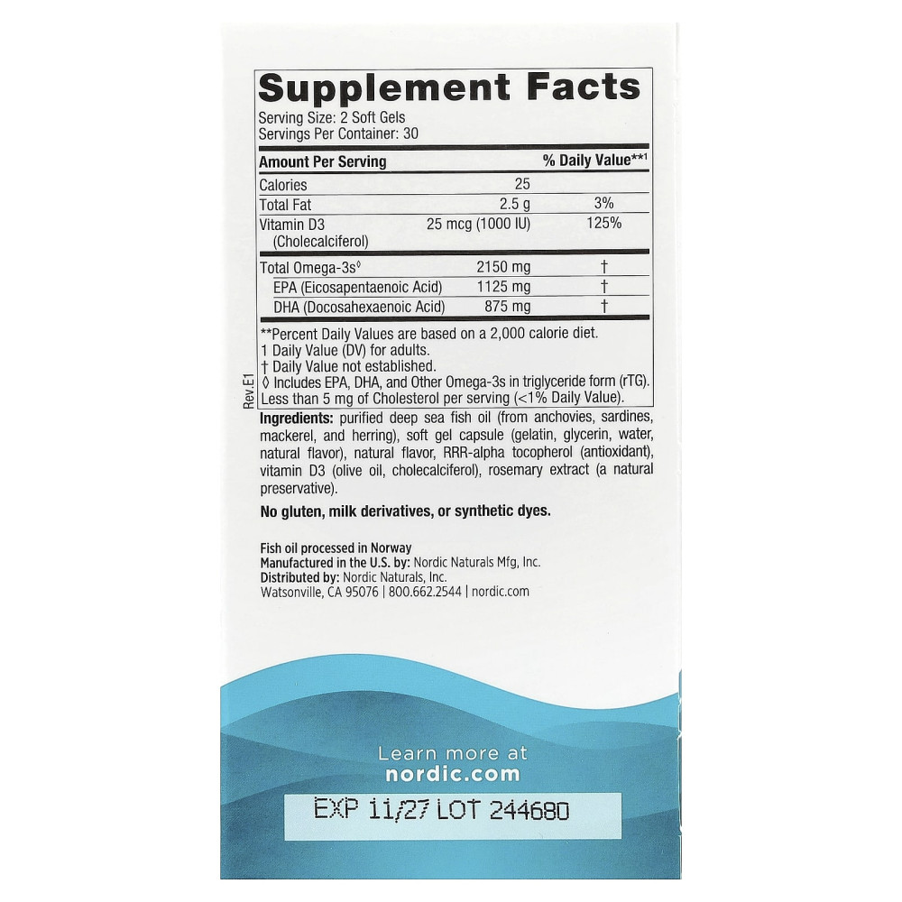 Рыбий жир, Ultimate Omega®-D3 2X, Nordic Naturals, лимон, 2150 мг, 60 гелевых капсул