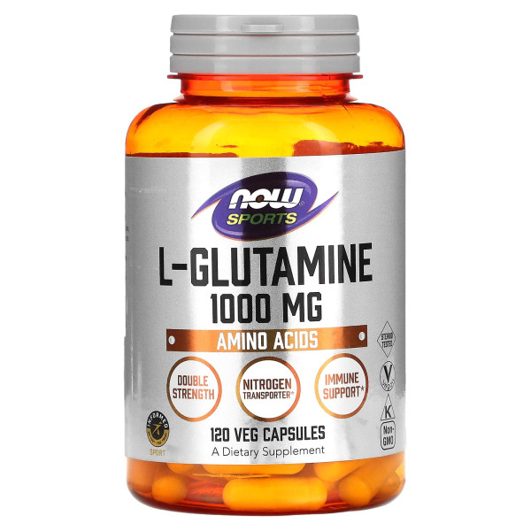 L-глютамин, L-Glutamine, Now Foods, Sports, двойной силы, 1000 мг, 120 веганских капсул