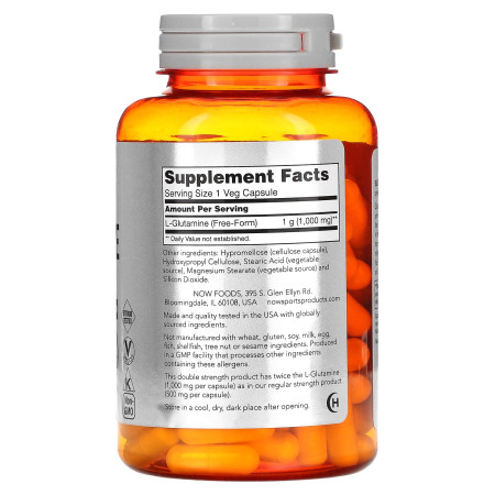 L-глютамин, L-Glutamine, Now Foods, Sports, двойной силы, 1000 мг, 120 веганских капсул