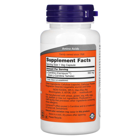 L-карнитин, L-Carnitine, NOW Foods, 500 мг, 60 вегетарианских капсул