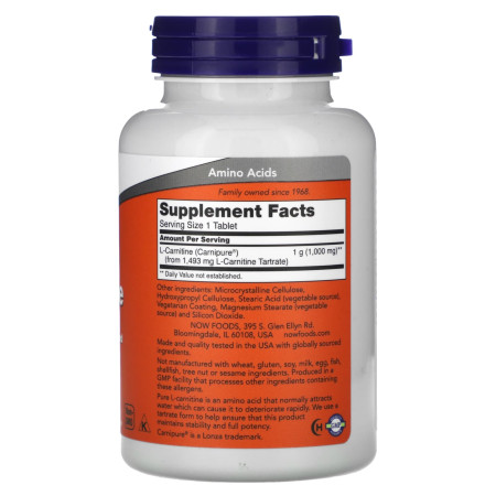 L-карнитин, L-Carnitine, Now Foods, 1000 мг, 50 веганских таблеток