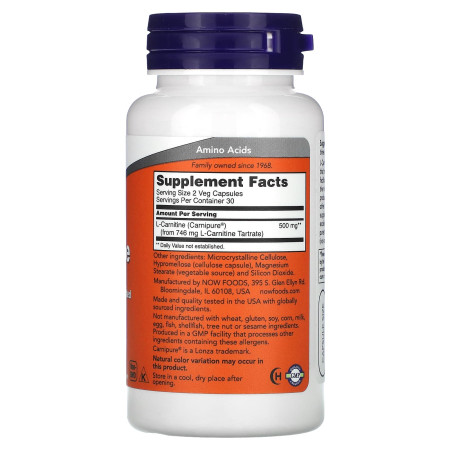 L-карнитин, L-Carnitine, Now Foods, 250 мг, 60 вегетарианских капсул