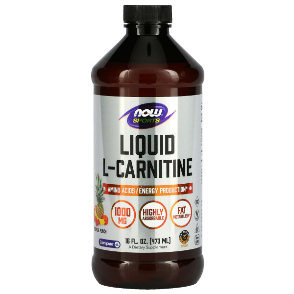 L-карнитин, L-Carnitine, Now Foods, Sports, жидкий, тропический пунш, 1000 мг, 473 мл 