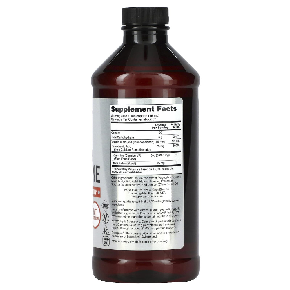 L-карнитин, L-Carnitine, Now Foods, Sports, тройная сила, жидкий, вкус цитруса, 3000 мг, 473 мл