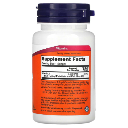 Витамин А, Vitamin A, Now Foods, 3000 мкг (10 000 МЕ), 100 гелевых капсул