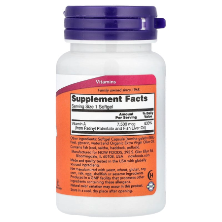 Вітамін А, Vitamin A, Now Foods, 7500 мкг (25 000 МО), 100 гелевих капсул