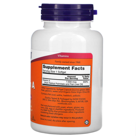 Вітамін А, Vitamin A, Now Foods, 7500 мкг (25 000 МО), 250 гелевих капсул
