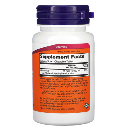 Витамин D-3, Vitamin D-3, Now Foods, вкус фруктов, 1000 МЕ, 180 жевательных таблеток
