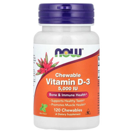Вітамін D3, Vitamin D-3, Now Foods, смак м'яти, 5000 МО, 120 жувальних таблеток