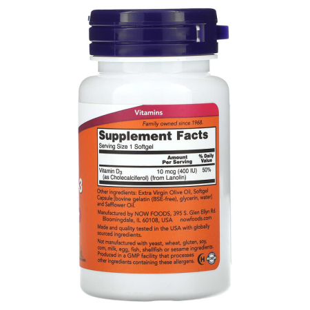 Витамин D3, Vitamin D-3, Now Foods, 400 МЕ, 180 гелевых капсул