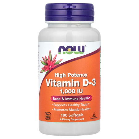 Вітамін D3, Vitamin D-3, NOW Foods, високоефективний, 1000 МО, 180 гелевих капсул