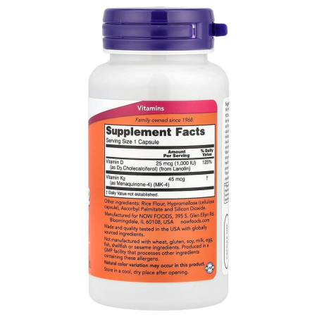 Вітамін D3 і К2, Vitamin D-3 & K-2, Now Foods, 1000 МО / 45 мкг, 120 капсул