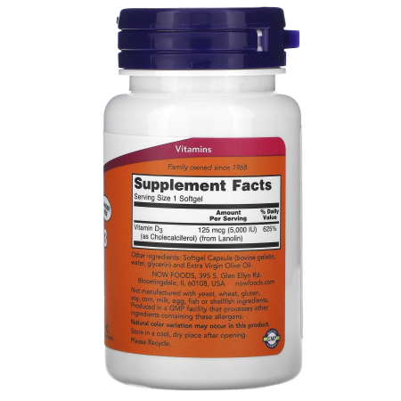 Витамин D-3, Vitamin D-3, Now Foods, высокоэффективный, 125 мкг (5000 МЕ), 240 гелевых капсул