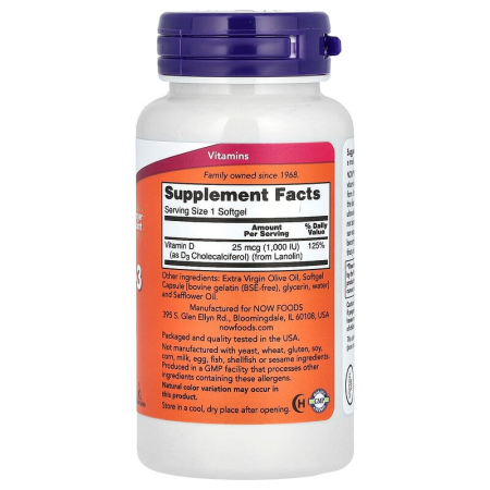 Витамин D-3, Vitamin D-3, NOW Foods, высокоэффективный, 25 мкг (1000 МЕ), 360 гелевых капсул