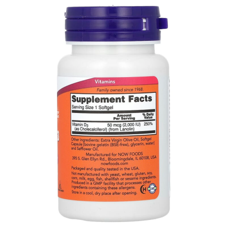 Вітамін D-3, Vitamin D-3, NOW Foods, високоефективний, 50 мкг (2000 МО), 240 гелевих капсул