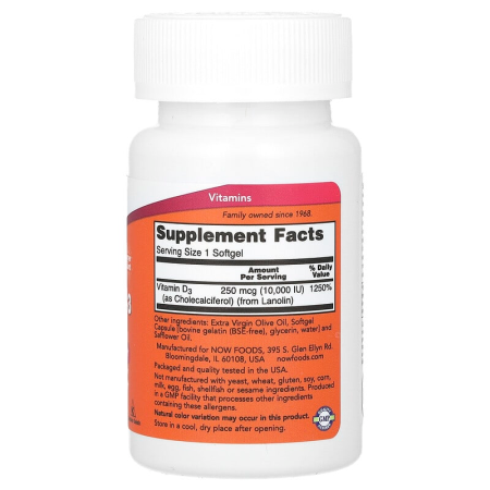 Витамин D-3, Vitamin D-3, Now Foods, высокоэффективный, 250 мкг (10000 МЕ), 240 гелевых капсул
