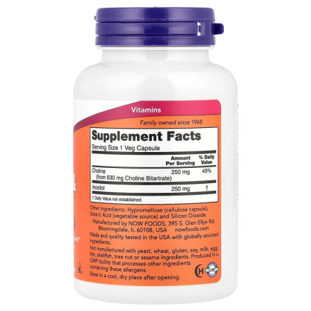 Холін і інозитол, Choline Inositol, Now Foods, 500 мг, 100 вегетаріанських капсул