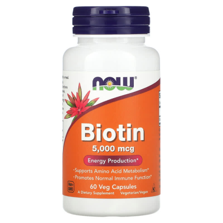 Біотин, Biotin, NOW Foods, 5000 мкг, 60 рослинних капсул