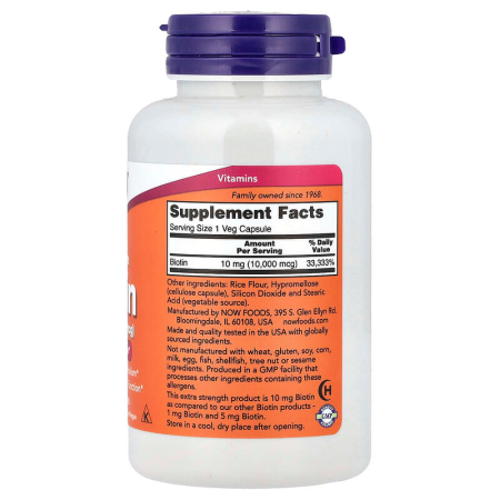 Біотин, Biotin, Now Foods, підвищена міцність, 10 мг (10000 мкг), 120 вегетаріанских капсул