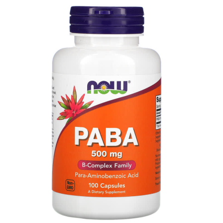 ПАБК (пара-амінобензойна кислота), PABA (Вітамін В10), Now Foods, 500 мг, 100 капсул