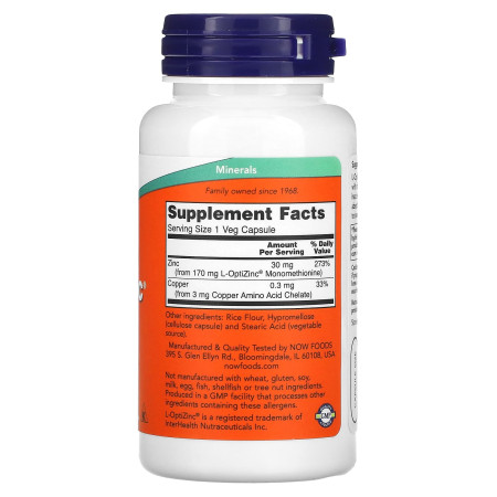 Цинк, L-OptiZinc, Now Foods, 30 мг, 100 растительных капсул 