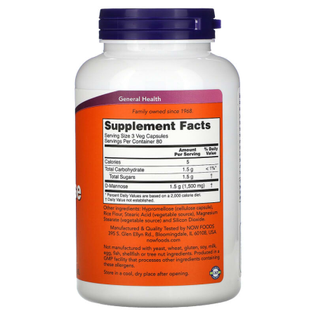 D-манноза, D-Mannose, Now Foods, 500 мг, 240 вегетарианских капсул