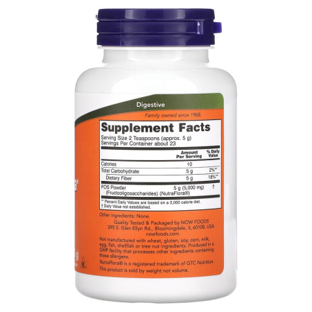 Фруктоолигосахариды, NutraFlora FOS, Now Foods, чистый порошок, 113 грамм