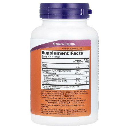 Коэнзим Q10 с омега-3, CoQ10 with Omega-3 Fish Oil, Now Foods, 60 мг, 120 гелевых капсул