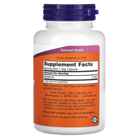 Мелатонин, Melatonin, Now Foods, 3 мг, 180 вегетарианских капсул