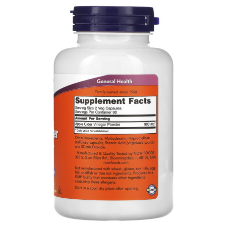Яблочный уксус, Apple Cider Vinegar, Now Foods, 450 мг, 180 растительных капсул