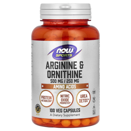 Аргінін та орнітин, Arginine & Ornithine, NOW Foods, Sports, 500 мг/250 мг, 100 веганських капсул