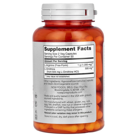 Аргінін та орнітин, Arginine & Ornithine, NOW Foods, Sports, 500 мг/250 мг, 100 веганських капсул