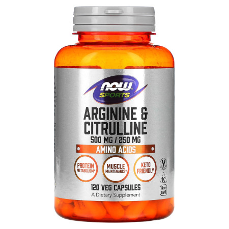 Аргінін та цитрулін, Arginine & Citrulline, Now Foods, Sports, 500 мг/250 мг, 120 веганських капсул