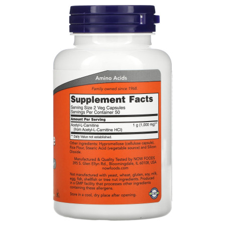 Ацетил карнитин, Acetyl-L-Carnitine, Now Foods, 500 мг, 100 вегетарианских капсул