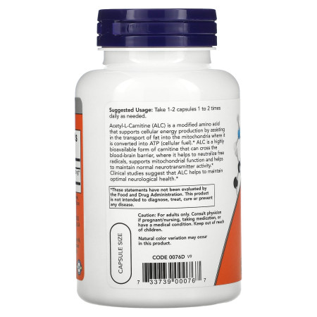 Ацетил карнитин, Acetyl-L-Carnitine, Now Foods, 500 мг, 100 вегетарианских капсул