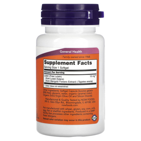 Лютеин, Lutein, Now Foods, 10 мг, 60 гелевых капсул