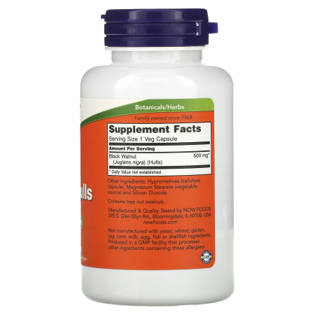 Черный орех, Black Walnut, Now Foods, скорлупа, 500 мг, 100 вегетарианских капсул