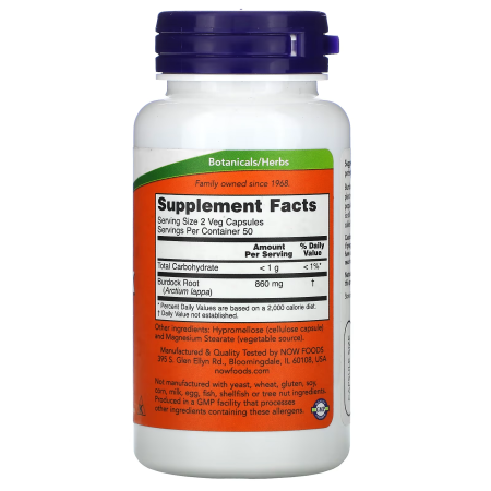Лопух, Burdock Root, NOW Foods, 430 мг, 100 веганских капсул