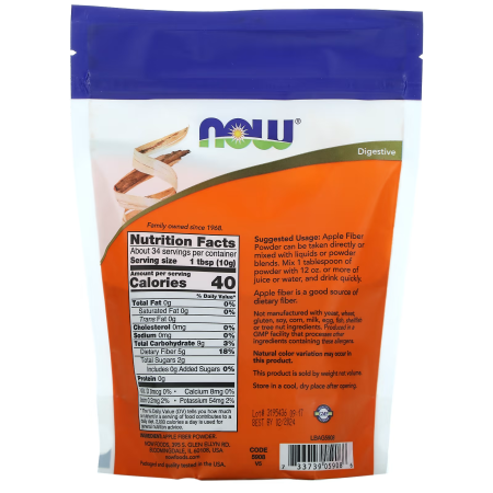 Яблочная клетчатка, Apple Fiber, Now Foods, чистый порошок, 340 г