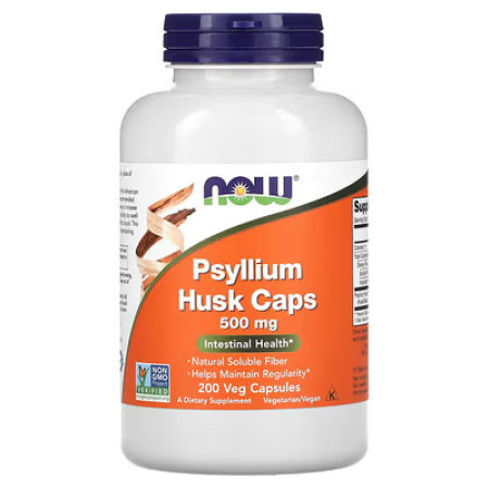 Подорожник, шелуха из семян, псиллиум, Psyllium Husk, Now Foods, 500 мг, 200 вегетарианских капсул