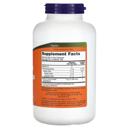 Подорожник, шелуха из семян, Psyllium Husk, Now Foods, 500 мг, 500 вегетарианских капсул