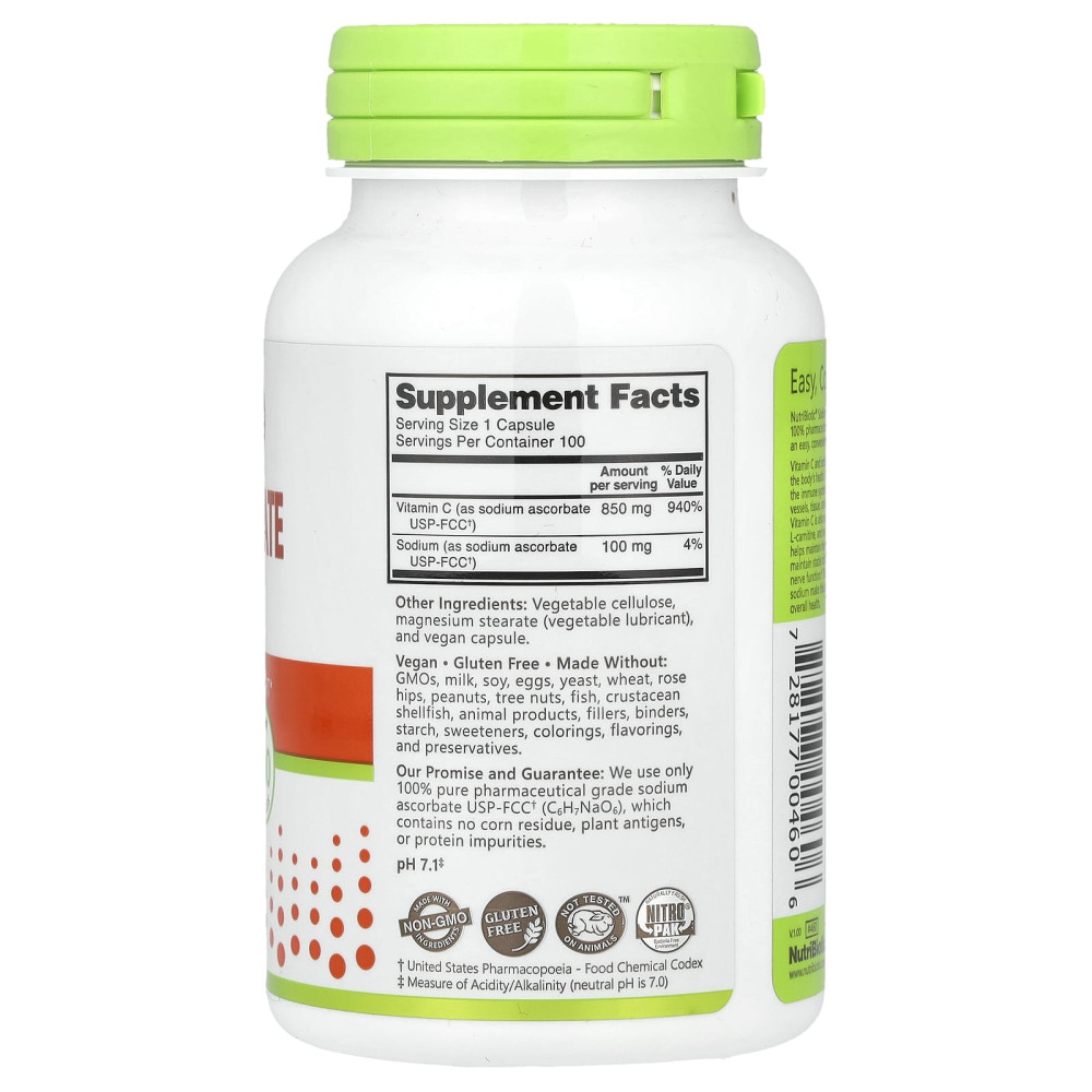 Аскорбат натрия, Sodium Ascorbate, NutriBiotic, для повышения иммунитета, 100 веганских капсул