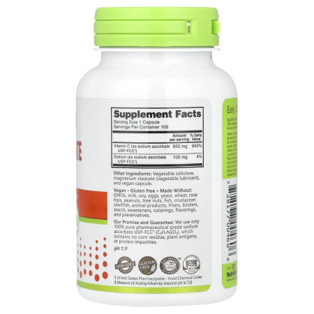 Аскорбат натрия, Sodium Ascorbate, NutriBiotic, для повышения иммунитета, 100 веганских капсул