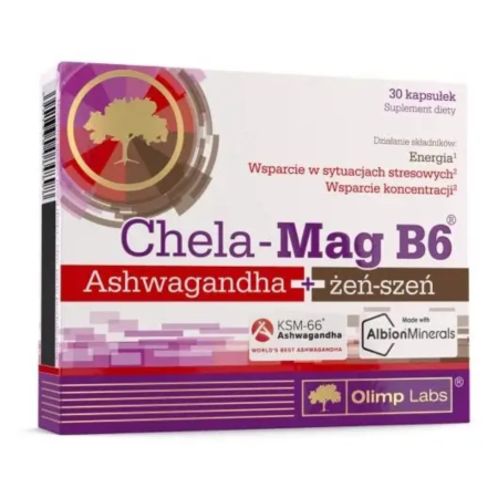 Магній хелат з ашвагандою та сибірським женьшенем, Chela-Mag B6 Ashwagandha+ginseng, Olimp, 30 капсул