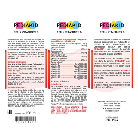 Железо и витамин В, сироп для детей, Iron + Vitamin B, Pediakid, повышение гемоглобина и снятие усталости, со вкусом банана, 125 мл