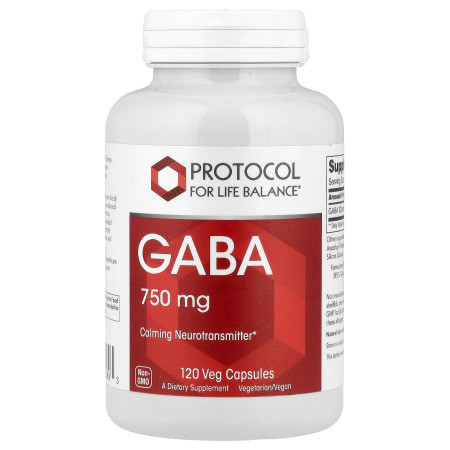 Гамма-аміномасляна кислота, ГАМК, GABA, Protocol for Life Balance, 750 мг, 120 рослинних капсул