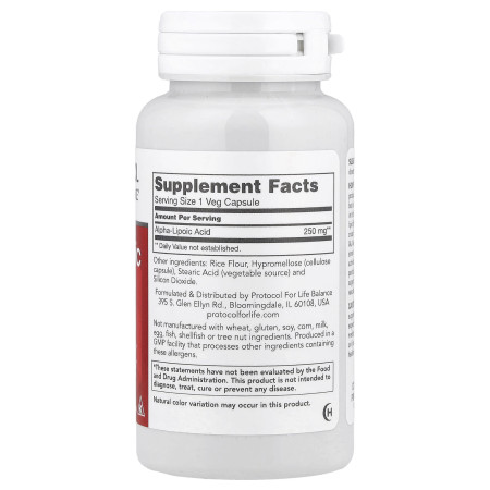 Альфа-липоевая кислота, Alpha-Lipoic Acid, Protocol for Life Balance, 250 мг, 90 веганских капсул