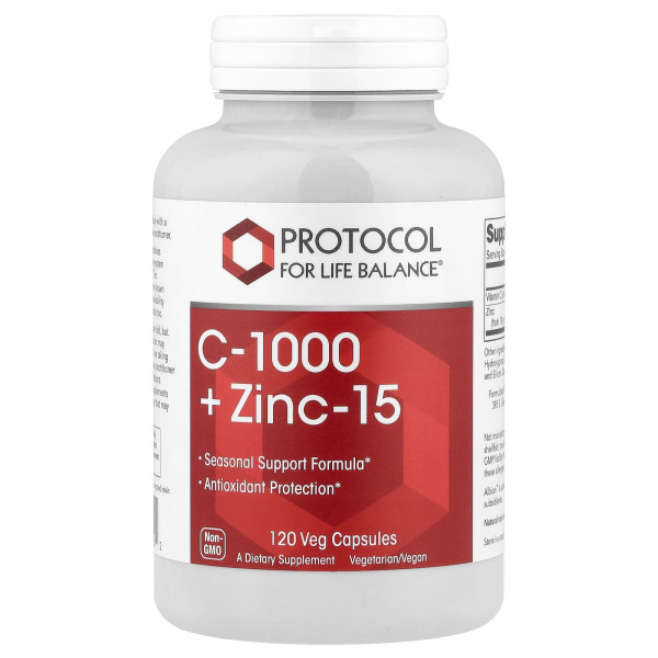 Вітамін C + цинк, C-1000 + Zinc-15, Protocol for Life Balance, 1000 мг/15 мг, 120 веганських капсул